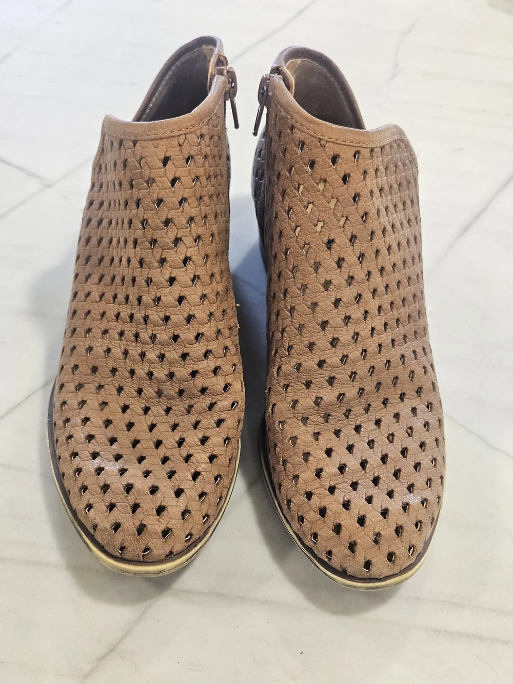 Lucky Brand Basel Laser Cut Perforated Tan Leather Ankle Boots Low Block Heel